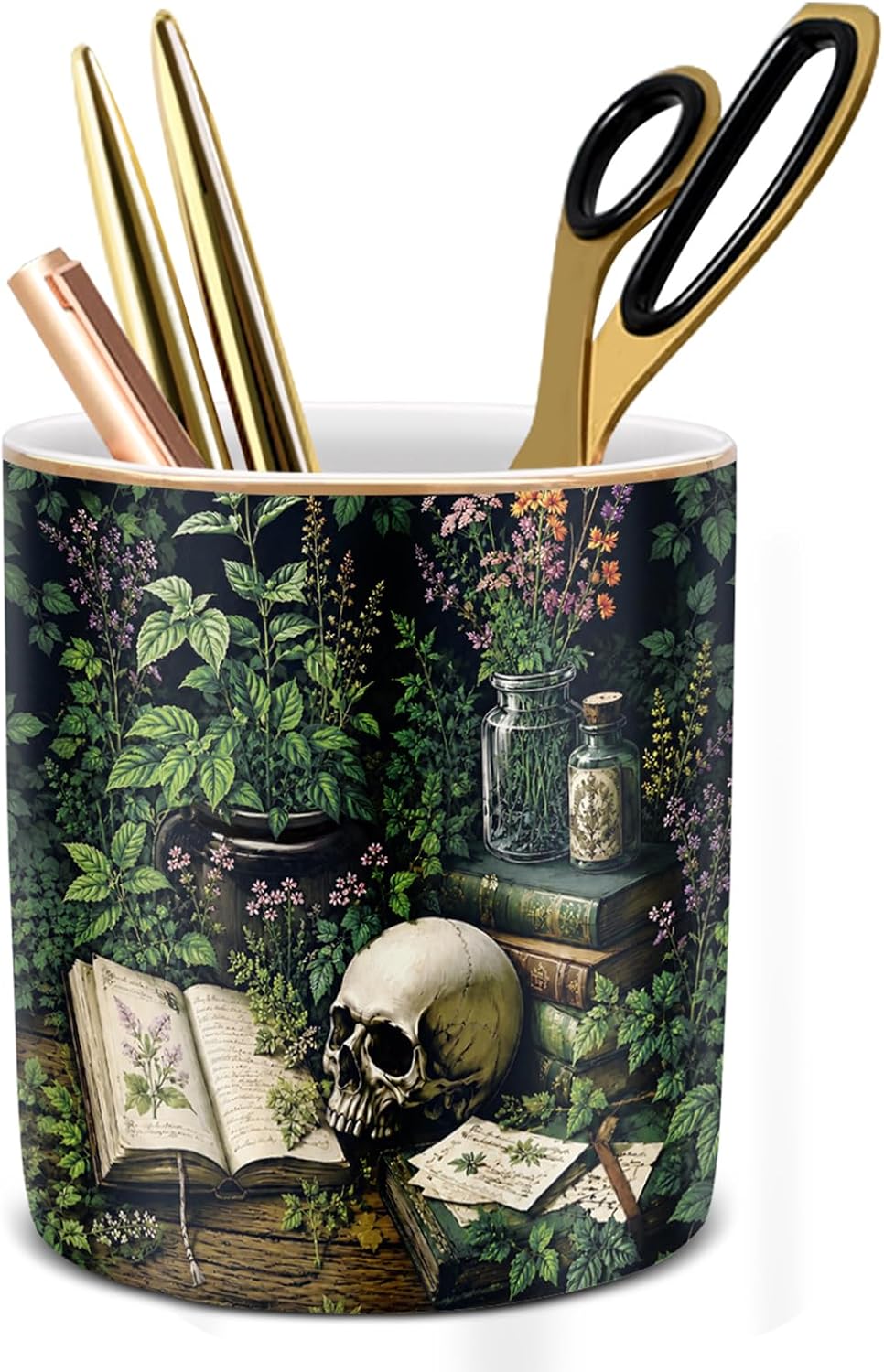Large Capacity Colored Pen Holder for Desk, Ceramic Pencil Holder Pen Cup Marker Holder Makeup Brush Holders, Desk Accessories & Workspace Organizers for Home, Office, White Flower