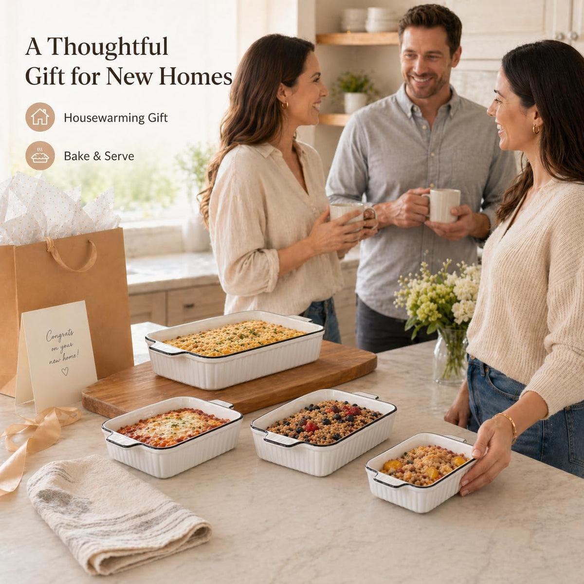 Ceramic Bakeware Set of 4, Deep Rectangular Casserole Dishes for Oven to Table, Non-Stick Lasagna Pans with Handles, Stackable Baking Pans for Family Dinners & Housewarming Gift