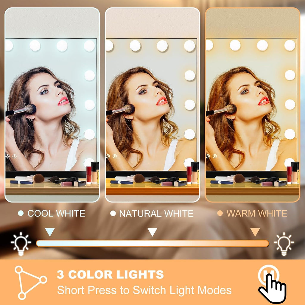Moonee Vanity Mirror with Lights, Black Hollywood Lighted Makeup Mirror with 15 Dimmable Bulbs and 10X Magnification, 3 Colors Modes, Aluminum Metal Frame, Light Up Mirror for Tabletop/Wall（23" x 18"）