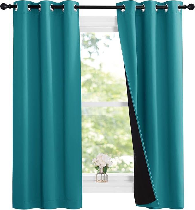NICETOWN Peacock Teal 100% Blackout Lined Curtains, 2 Thick Layers Narrow Wide - Image 2