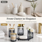 5 Piece Glass Bathroom Accessories Set, Black & Gold Vanity Countertop Set