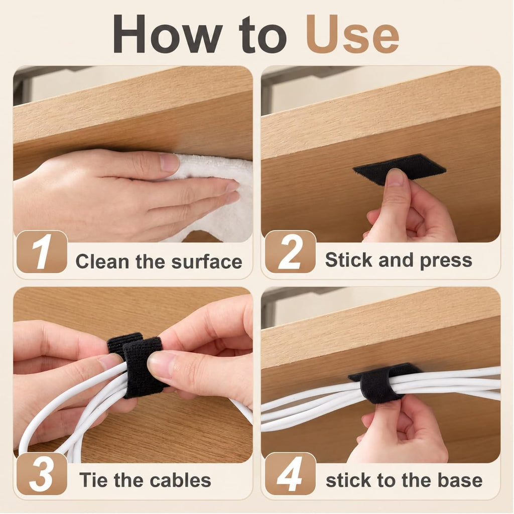 50PCS Velcro Cable Ties,Adhseive Cord Holder for Desk,Resuable Cable Clips