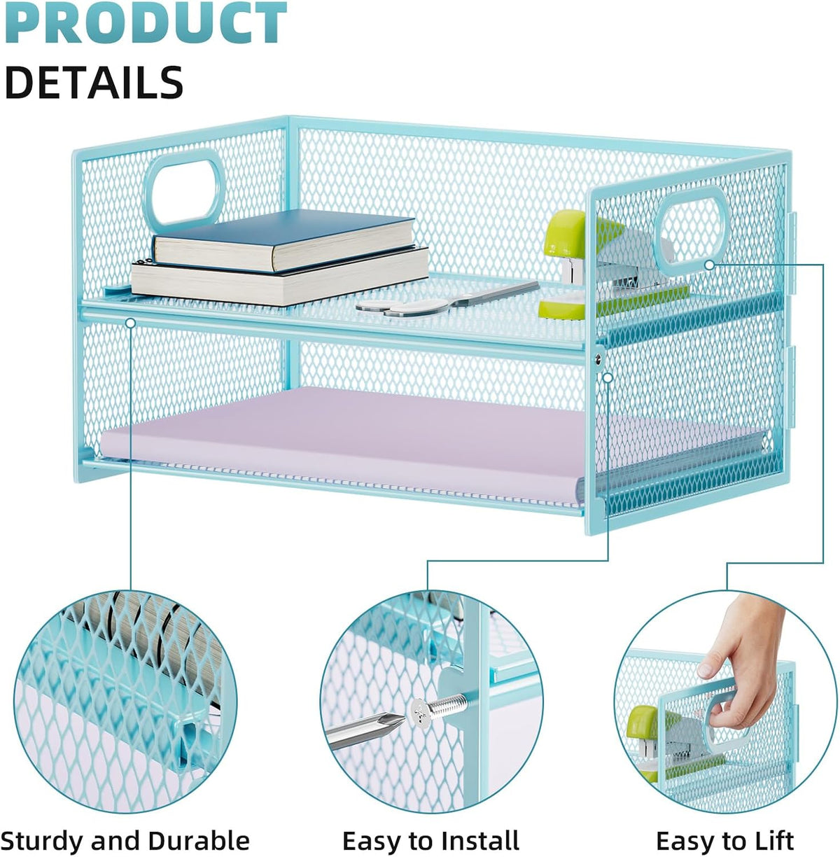 Marbrasse 2 Tier Paper Organizer Letter Tray, Mesh File Organizer with Handle, Paper Sorter Desk Organizer for Home Office Supplies - 2P Blue