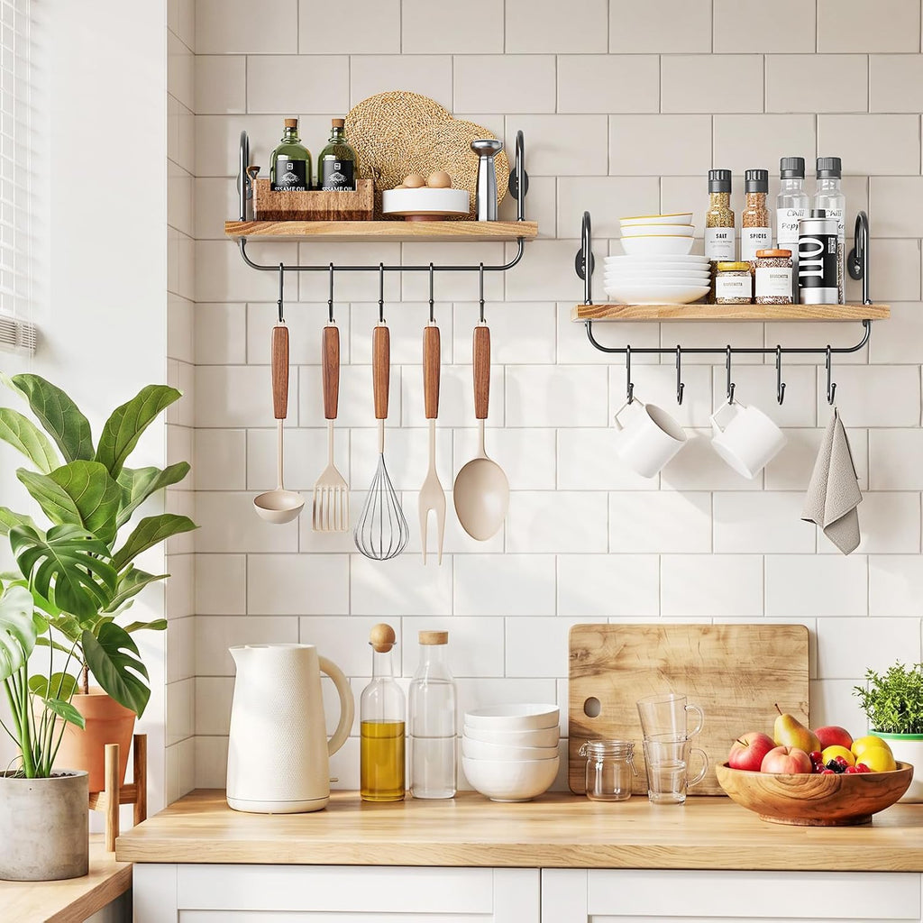 Floating Wall Shelves for Kitchen Bathroom Coffee Nook with 10 Adjustable Hooks for Coffee Mugs, Coffee Bar Organizer and Decor, Rustic Storage Shelves Set of 2