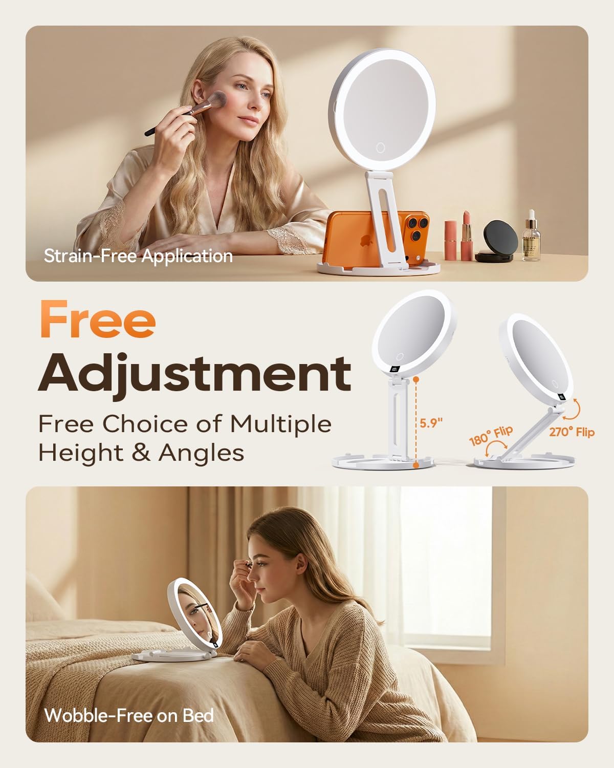 Travel Makeup Mirror with Lights - 1X/30X Magnifying Double Sided Mirror