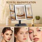 Rechargeable Lighted Makeup Mirror with 1X/3X/5X Magnification, Professional 3-Color LED Trifold Vanity Mirror, Smart Memory, Type-C Charging, Portable Beauty Mirror for Travel, Idea Gifts - Black