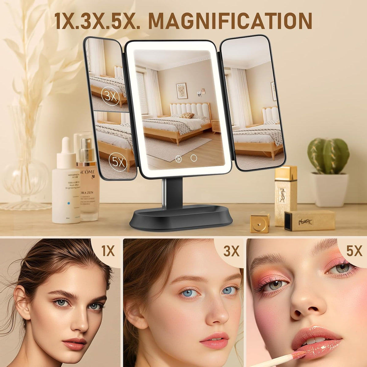 Rechargeable Lighted Makeup Mirror with 1X/3X/5X Magnification, Professional 3-Color LED Trifold Vanity Mirror, Smart Memory, Type-C Charging, Portable Beauty Mirror for Travel, Idea Gifts - Black