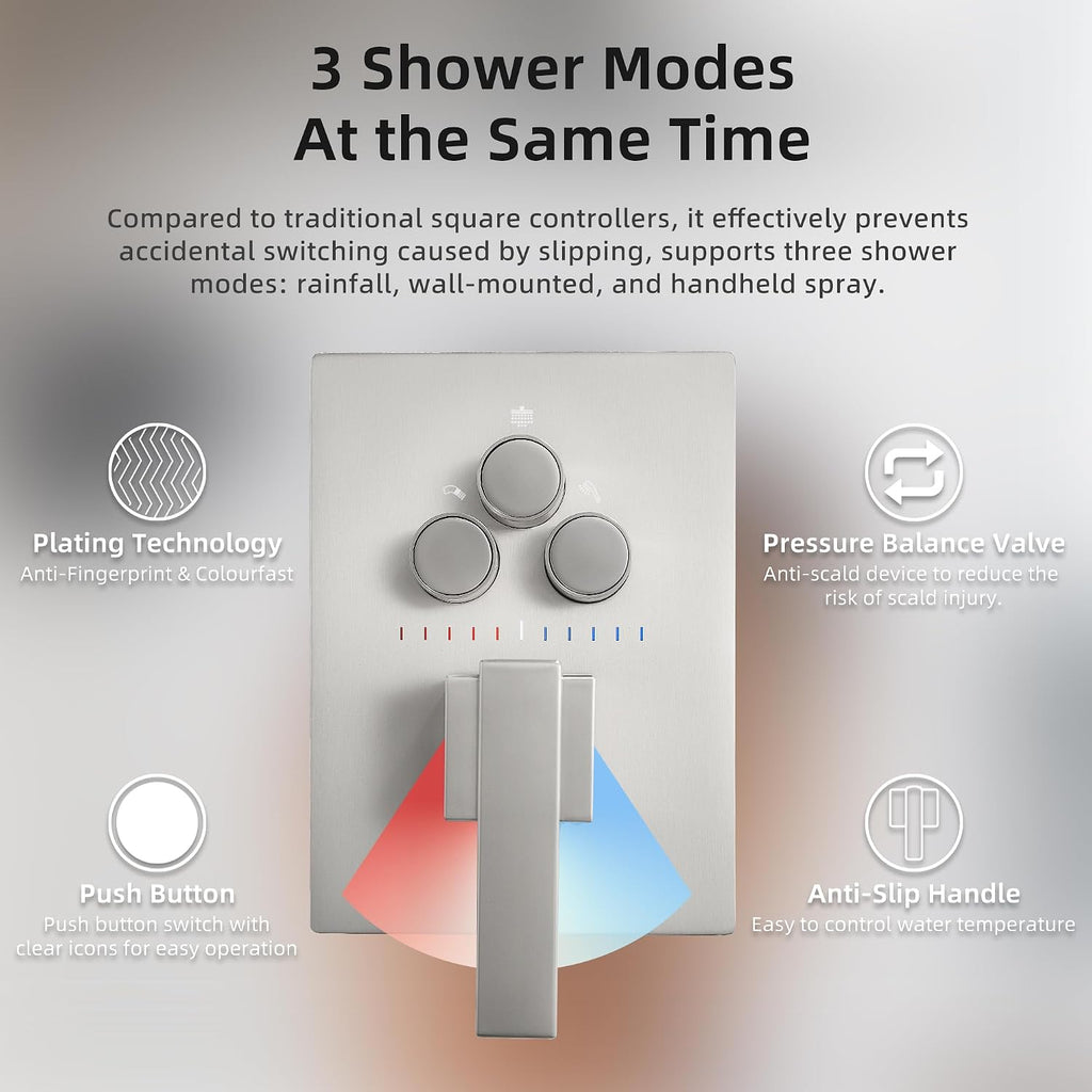 Dasan Brushed Nickel Dual Shower Heads System with Ceiling 12-Inch Rainfall Shower & Wall Mount 6-Inch High Pressure Shower Head, Full Body Dual Shower Head Set