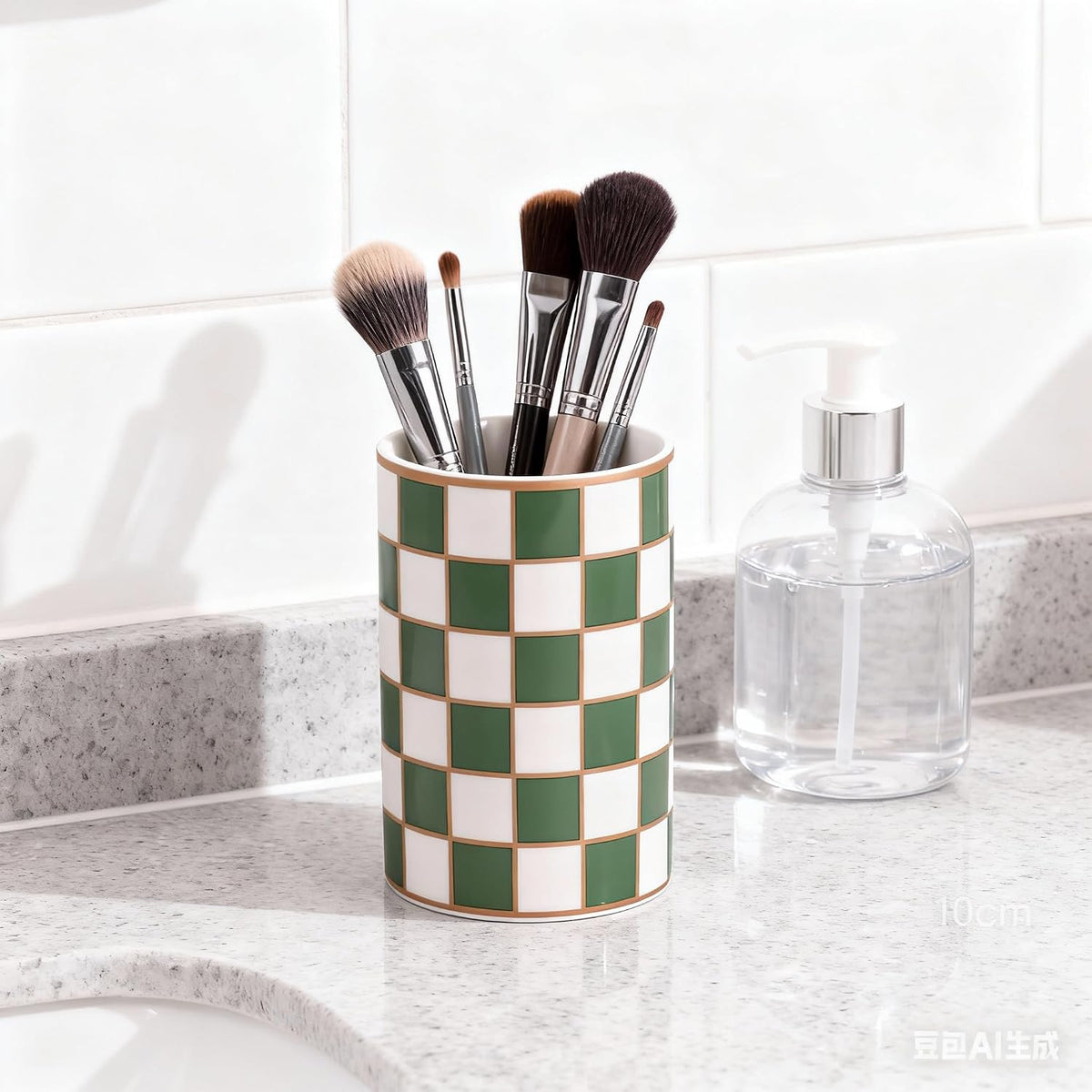 Ceramic Checkered Pen Holder For Desk,Cute Stand Black And White Pencil Cup,Durable Ceramic Pencil Cup, Decorative Makeup Brush Holder Cup, Stationery Holder for Office, School, Home (Green)