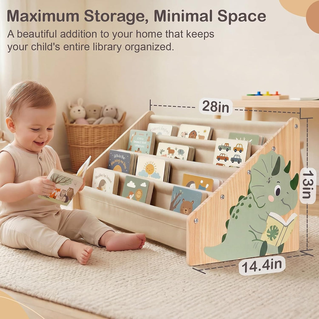 Toddler Bookshelf 4 Tier Solid Wood Montessori Nursery Book Organizer Kids