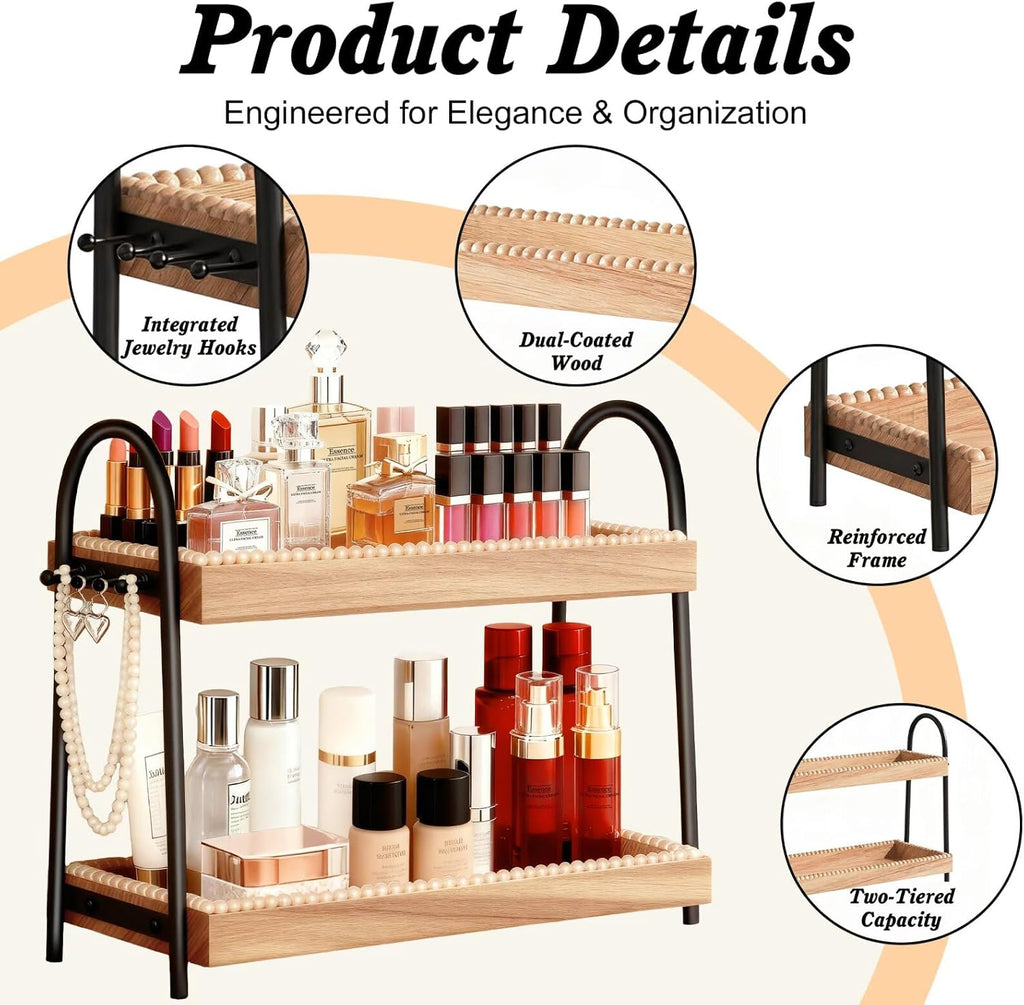 Bathroom Vanity Organizer Countertop 2-Tier Waterproof 20+ Bottles 8 Hooks