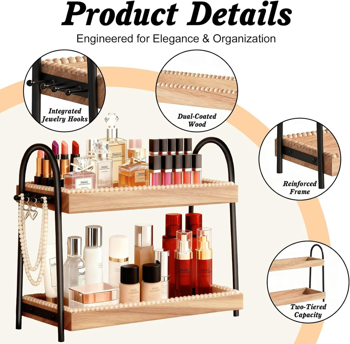 Bathroom Vanity Organizer Countertop 2-Tier Waterproof 20+ Bottles 8 Hooks