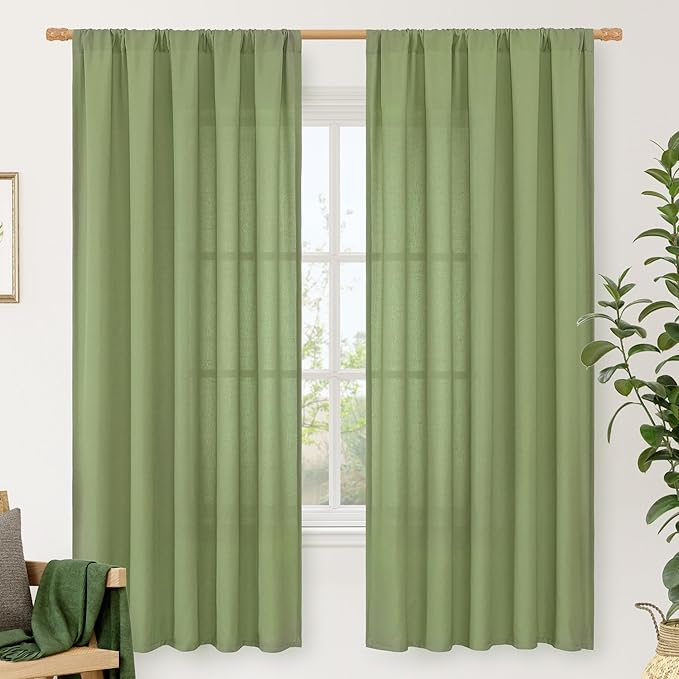 LAMIT Green Linen Curtains for Bedroom, Faux Linen Textured Light Filtering by LAMIT