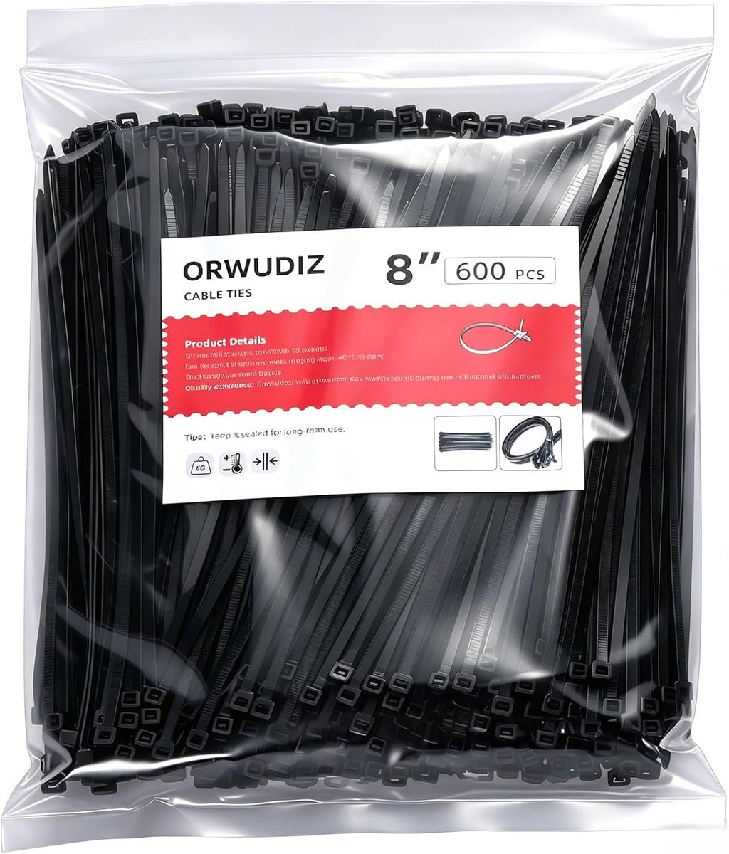 Cable Zip Ties, 8 Inch Black 1200 Pcs