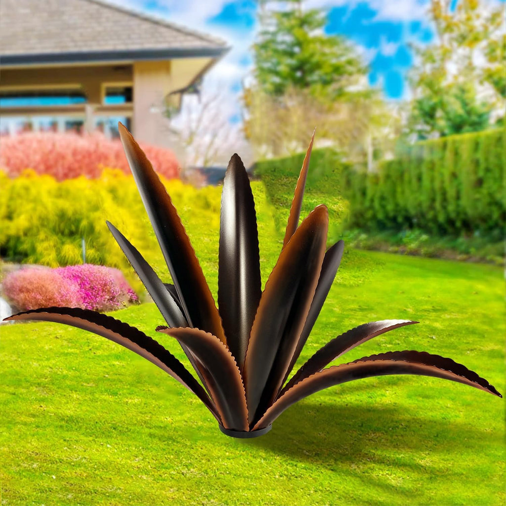 TOMBABY Enlarge Thickened Wind Resistant Metal Agave Garden Art Plant Country Sculpture Statue Outdoor Decoration Courtyard Lawn Ornament Gift (12 Leaves Green 1 pcs)