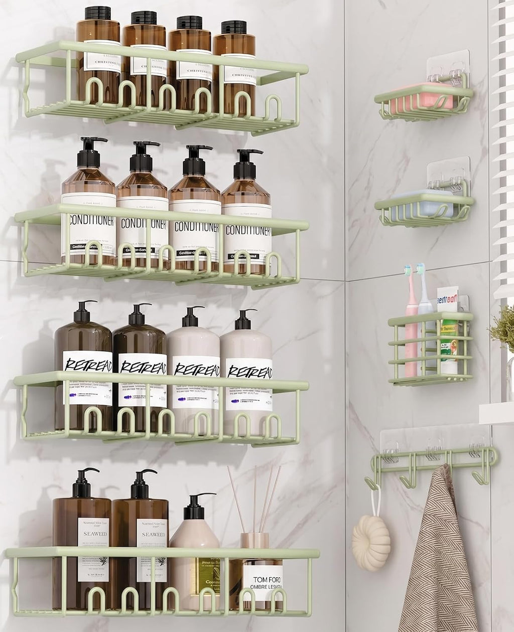 8 Pack Adhesive Bathroom Holders & Dispensers for Kids & Adults, Green