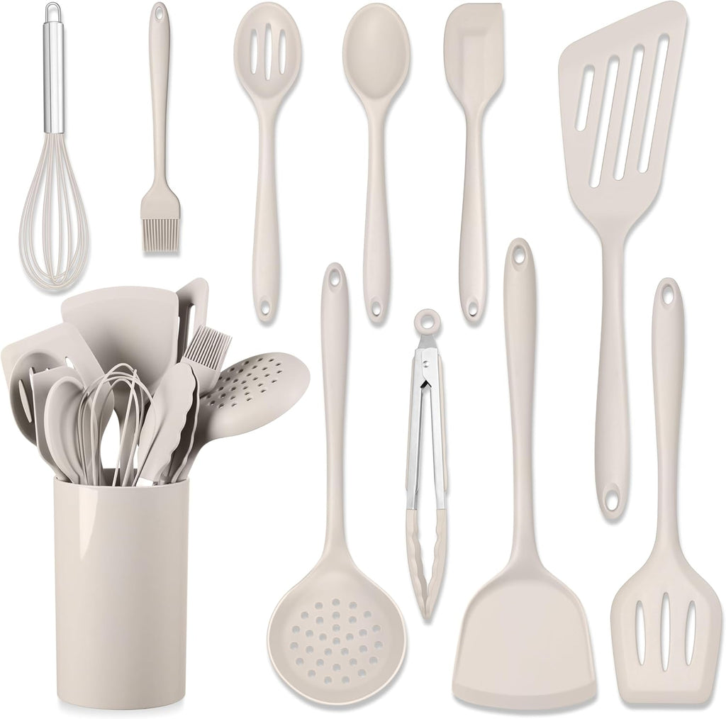 HaWare 11 PCS Silicone Cooking Utensils Set, Heat Resistant Kitchen Utensils with Holder, Food-grade Spatula Sets for Nonstick Cookware, Kitchen Tools Gadgets Include Fish Turner, Spoon (White)