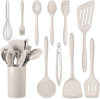 HaWare 11 PCS Silicone Cooking Utensils Set, Heat Resistant Kitchen Utensils with Holder, Food-grade Spatula Sets for Nonstick Cookware, Kitchen Tools Gadgets Include Fish Turner, Spoon (White)