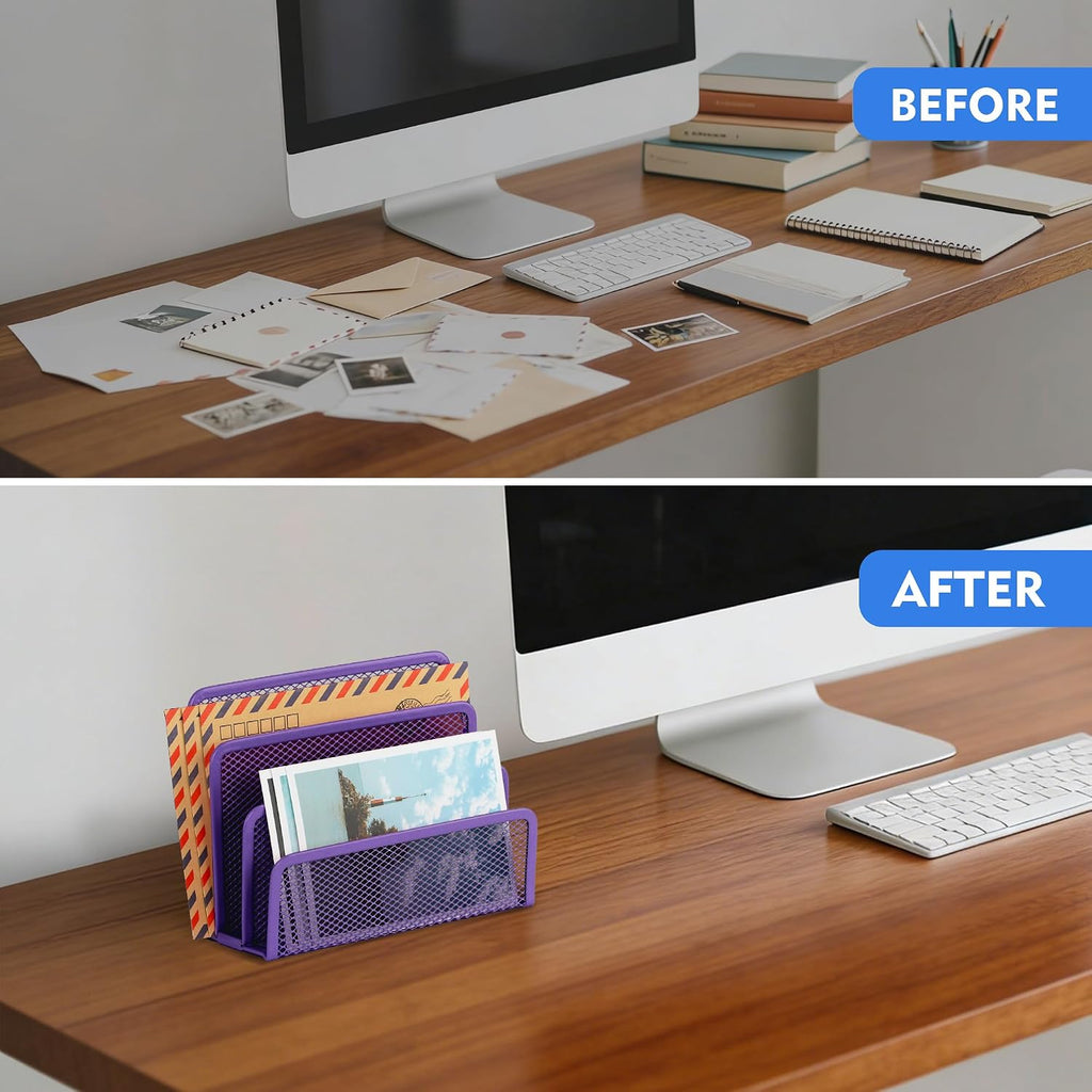 Desk Mail Organizer, Office Small Desktop Metal Mesh Envelope Letter Sorter Paper File Holder Organizer with 3 Vertical Upright Compartments, Purple 2 Pack