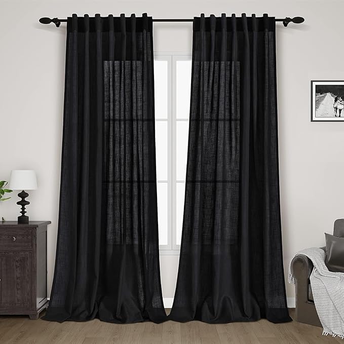 Black Sheer Linen Curtains 90 inch Length by Nanspring