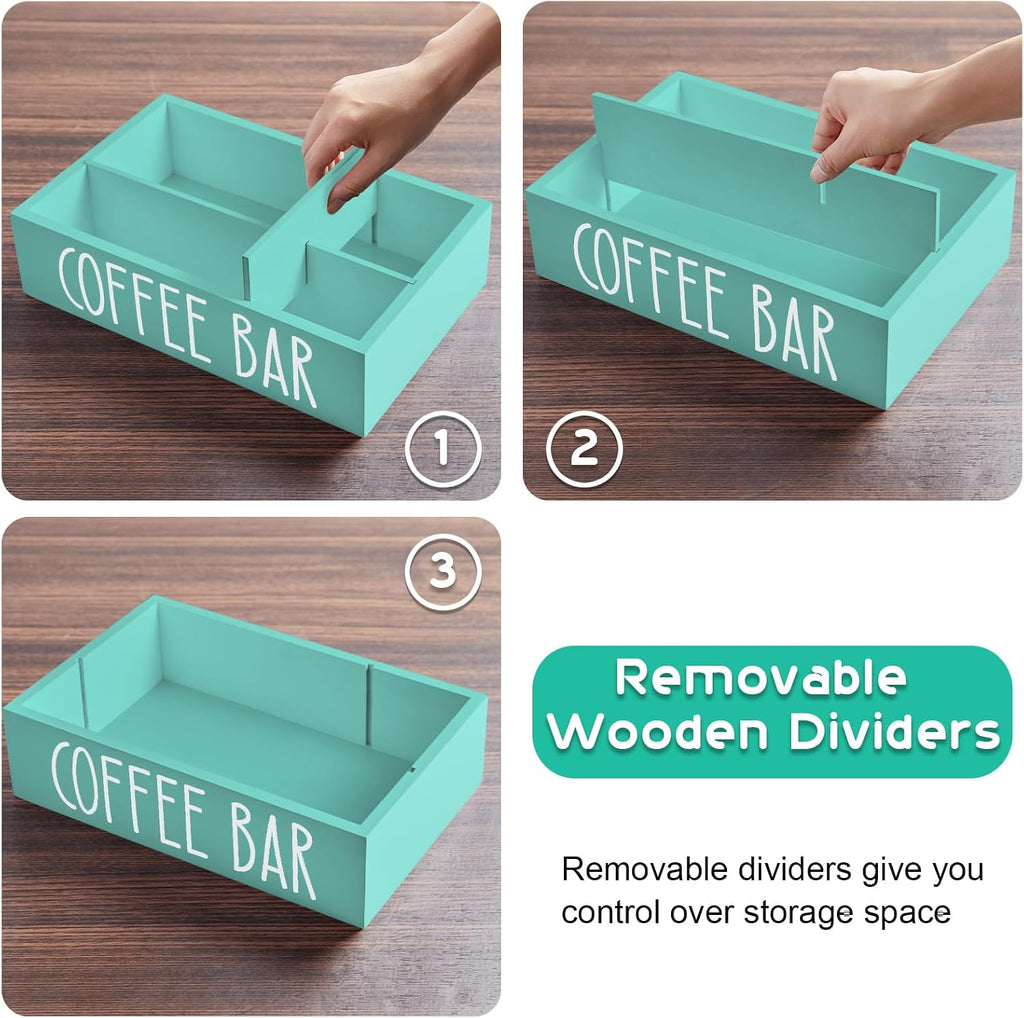ALELION Turquoise Coffee Station Organizer with Removable Dividers - K Cup Pod Holder Storage Basket for Sugar, Tea - Teal Coffee Bar Kitchen Decor Accessories Organizer for Countertop