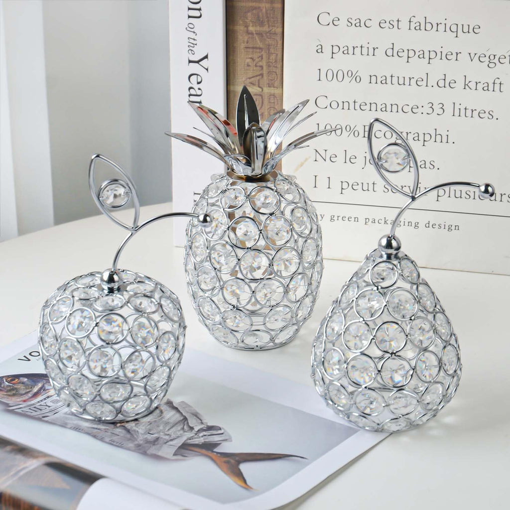 Set of 3 Crystal Metal Pineapple Pear Table Centerpiece Handmade Crystal Candlestick Hollow Fruit Ornament Home Party Wedding Holiday Bar Decoration (Silver, Set of 3)