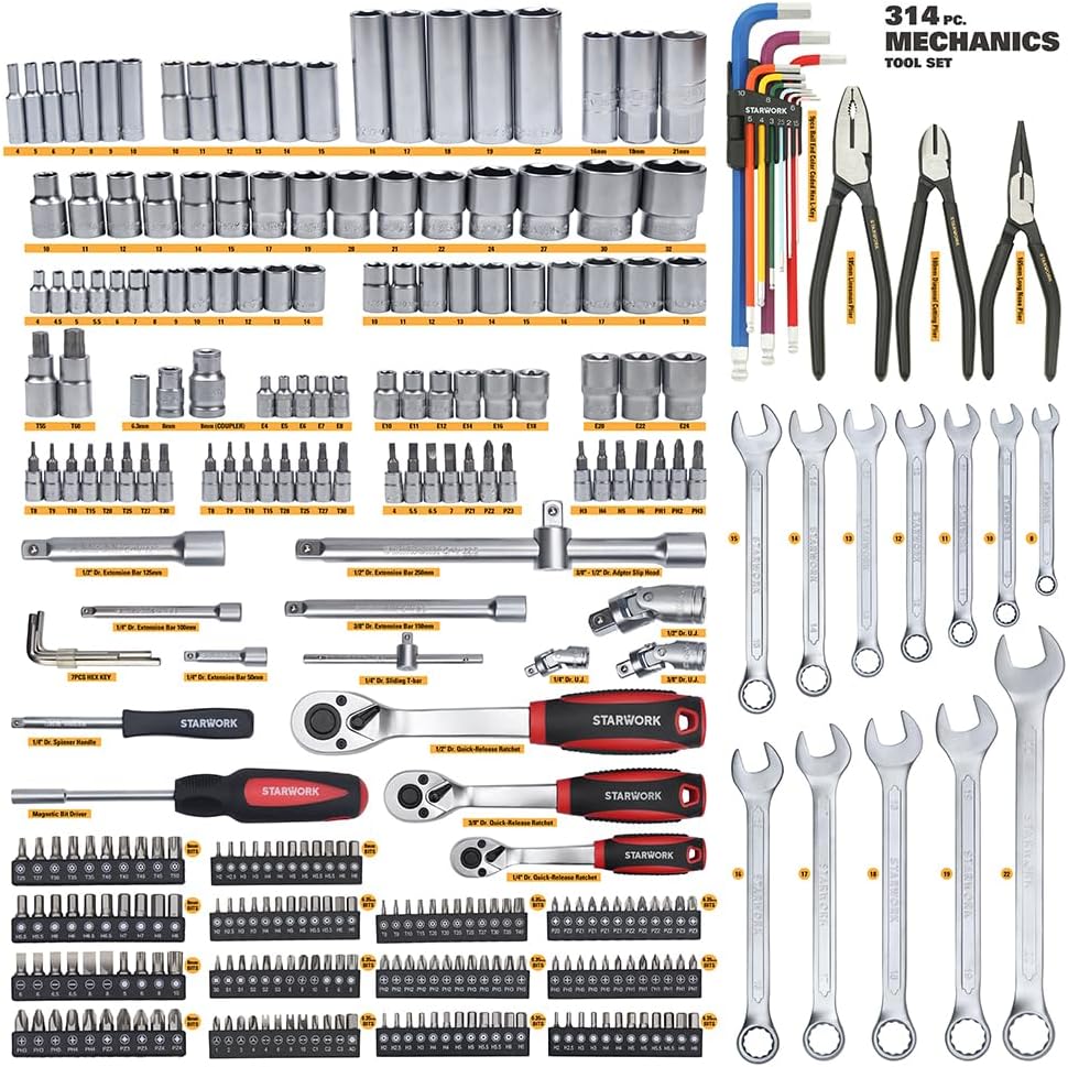 STARWORK TRUE MECHANIC™ 314-Piece Mechanics Tool Set and Socket Set, 1/4", 3/8", 1/2" Drive, Professional, Metric