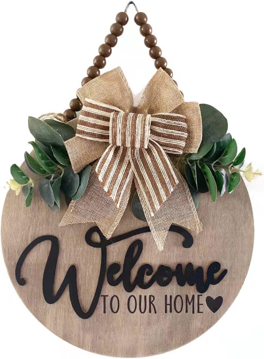 Condorpasea 3D Welcome Sign for Front Door | Home/Farmhouse Porch Décor Wooden Hanging Sign with Artificial Leaves and Rustic Beads | Christmas Classroom |12" Round