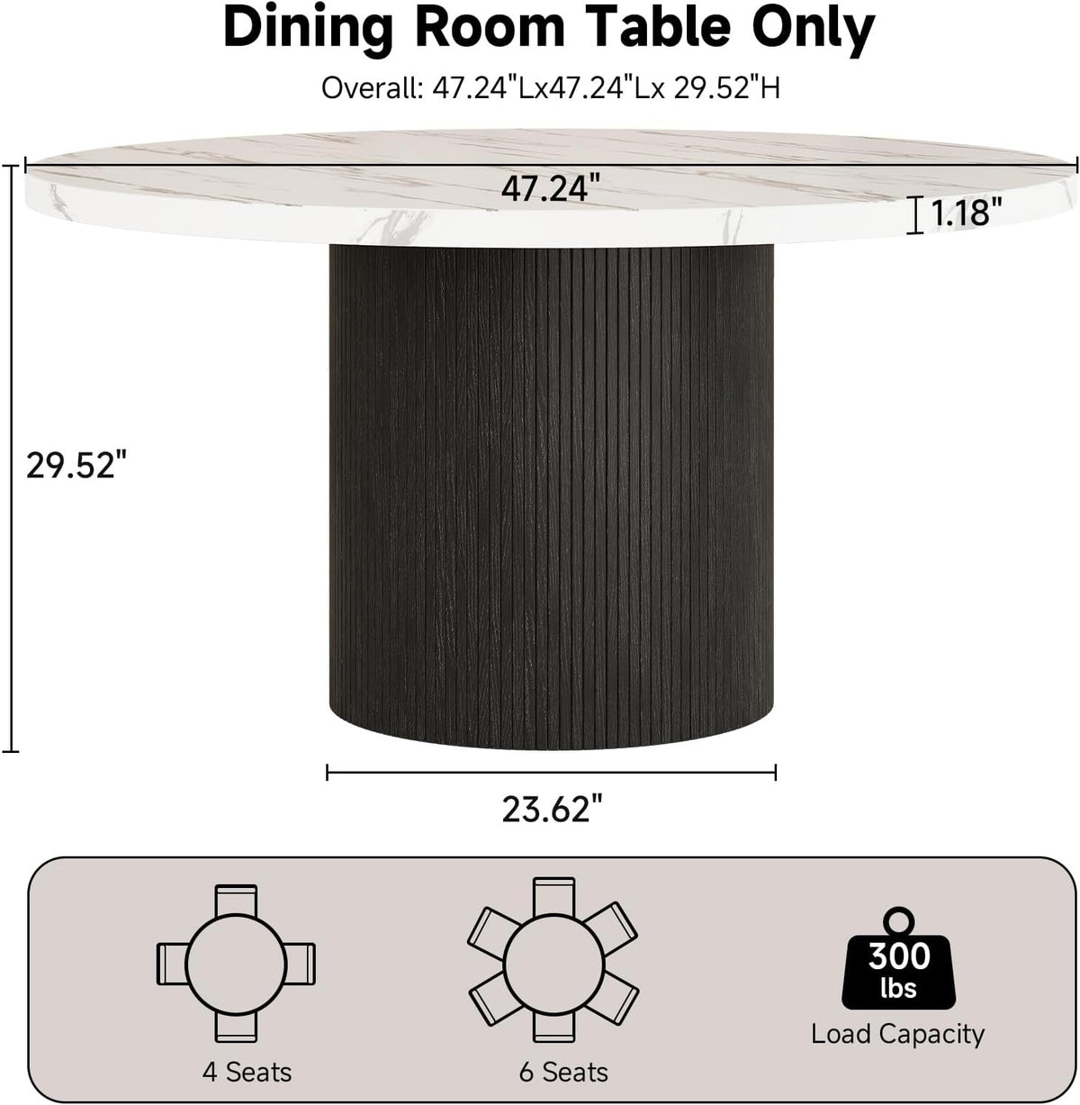 ComfyCorner 47" Round Dining Table, Circle Fluted Kitchen Table Only Marble