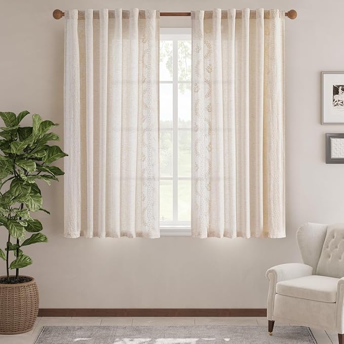 jinchan Belrose Linen Curtains for Bedroom Floral Curtains 63 Inch Length Linen - Image 2