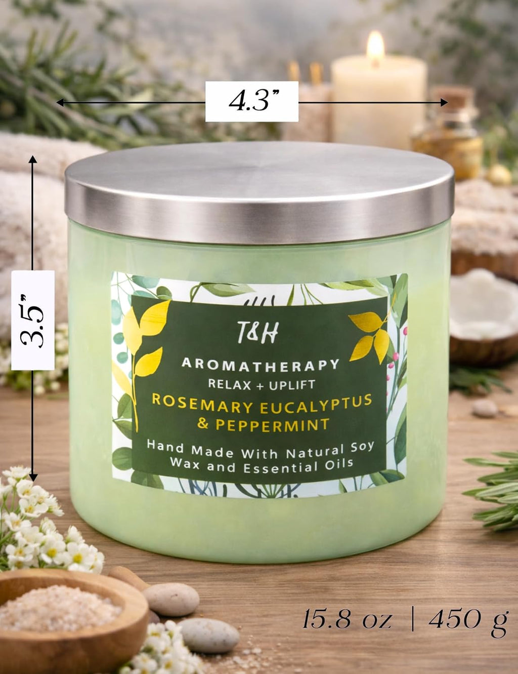 Rosemary Eucalyptus Peppermint Scented Candle, 3 Wick Soy Candle, 15.8 Oz