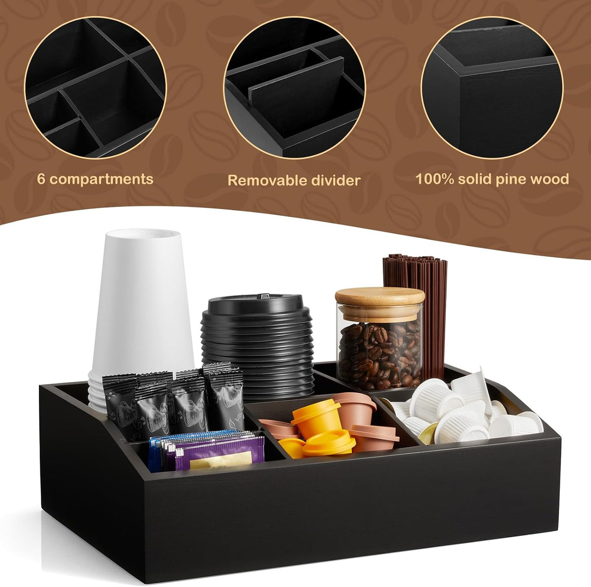 Black Coffee Station Organizer for Countertop, Coffee Bar Accessories and Organizer, Coffee Pod Holder Storage Basket for K Cup Sugar Tea