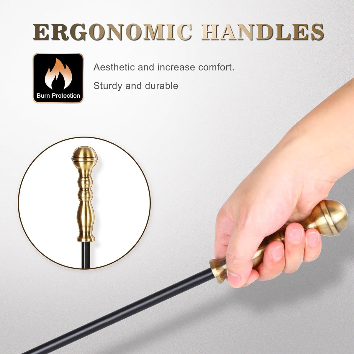 Fireplace Tools Set 5 Pcs Wrought Iron Large Fire Tool Set with Brass Handles for Outdoor/Indoor, Fireplace Accessories Set Included Poker, Tong, Shovel, Brush