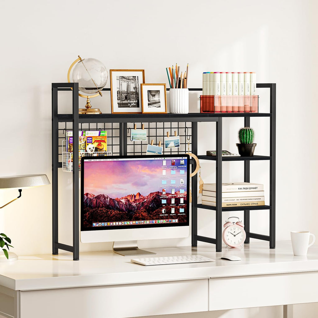 Snughome Desk Shelf, 38.6" Desktop Organizer Shelf, Desk Hutch for Computer Monitor, 4 Tier Desk Display Rack with Pegboard Hooks Set, Wood Desktop Bookshelf for Home Office Dorm, Black