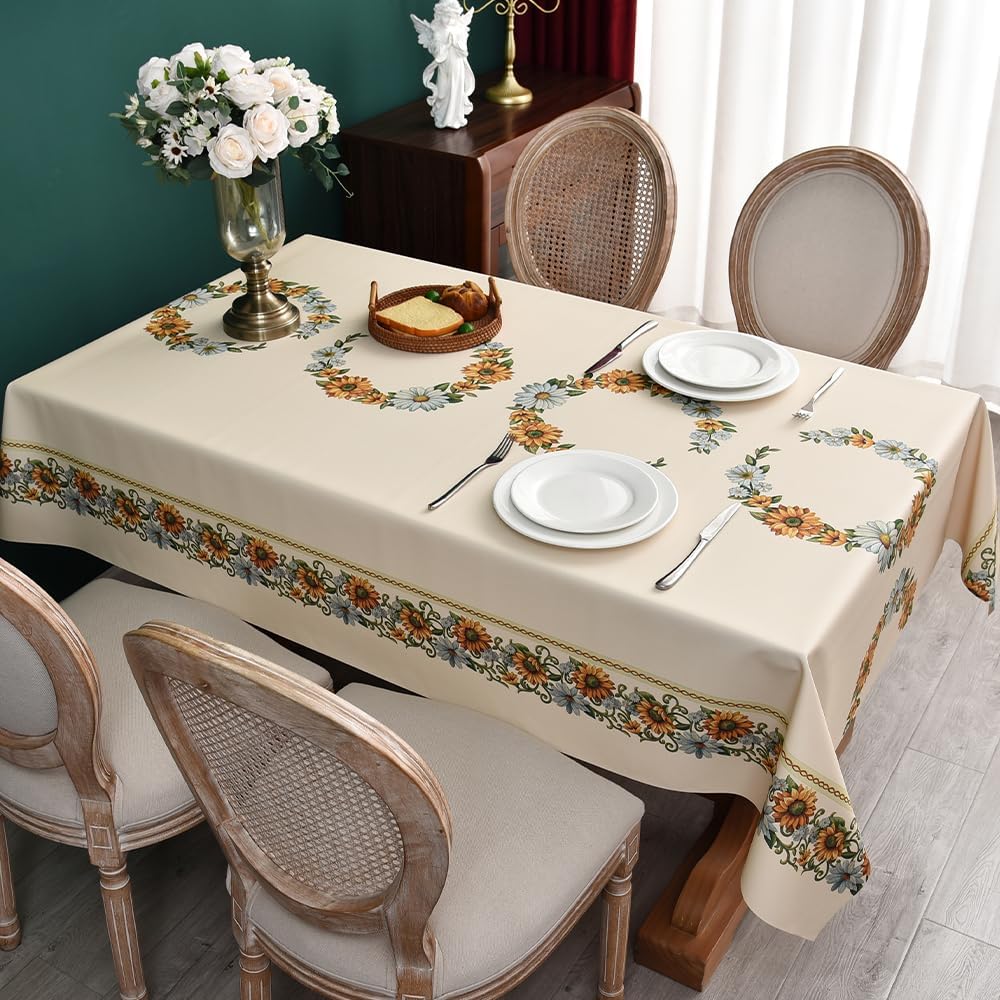 Zobesta Beige Vinyl Tablecloth Rectangular 86x55 PVC Sunflower Plastic