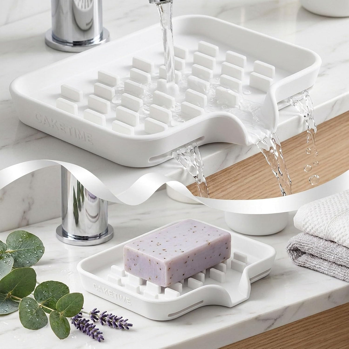 CAKETIME 2 Pack Silicone Soap Dish with Drainage Holes for Bathroom Shower Caddy Kitchen Counter Sponge Holder Saver Tray Sink Accessories Jabonera Storage Solution Funny Gifts for Women White