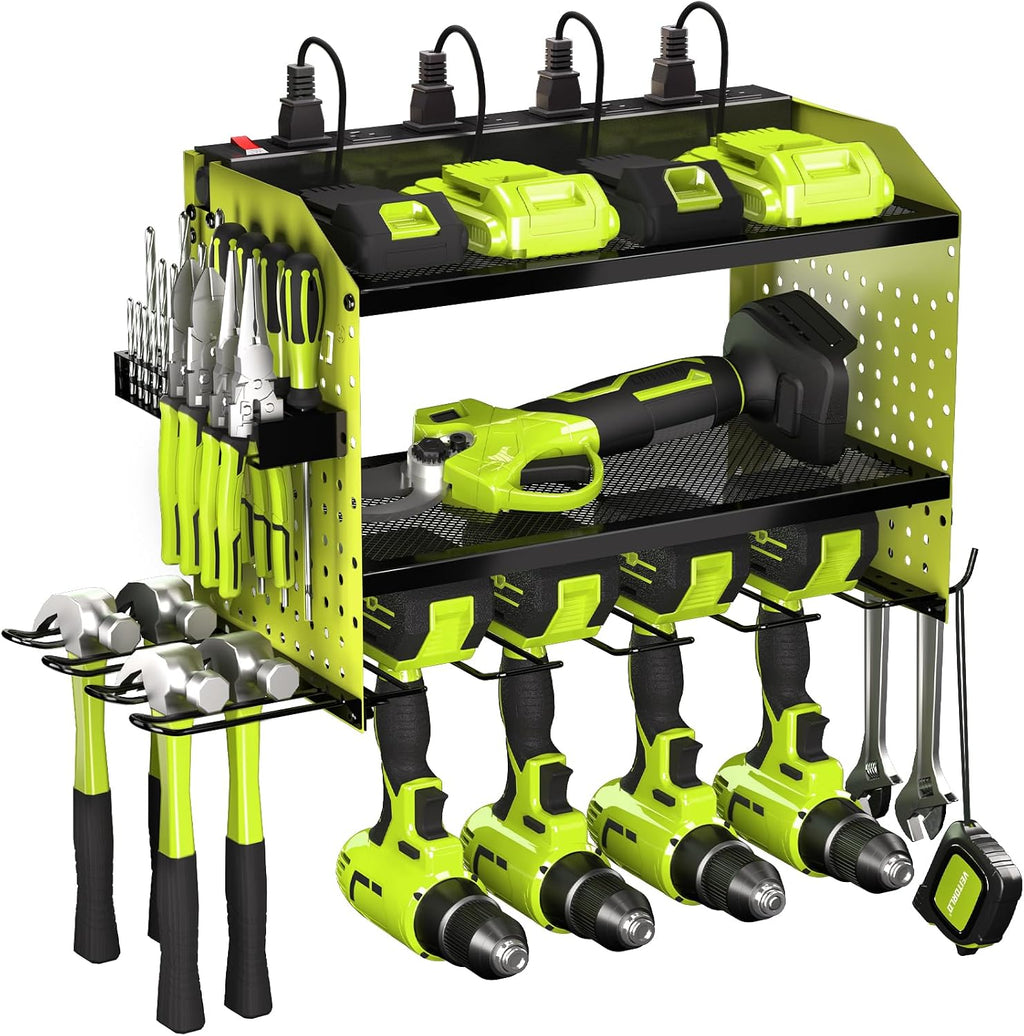 Veitorld Power Tool Organizer with Charging Station, Heavy Duty Modular Wall Mount Rack for Garage & Shed Organization, 4 Drill Holders, Fathers Day Birthday Gifts for Him Men Dad Him Husband(Green)