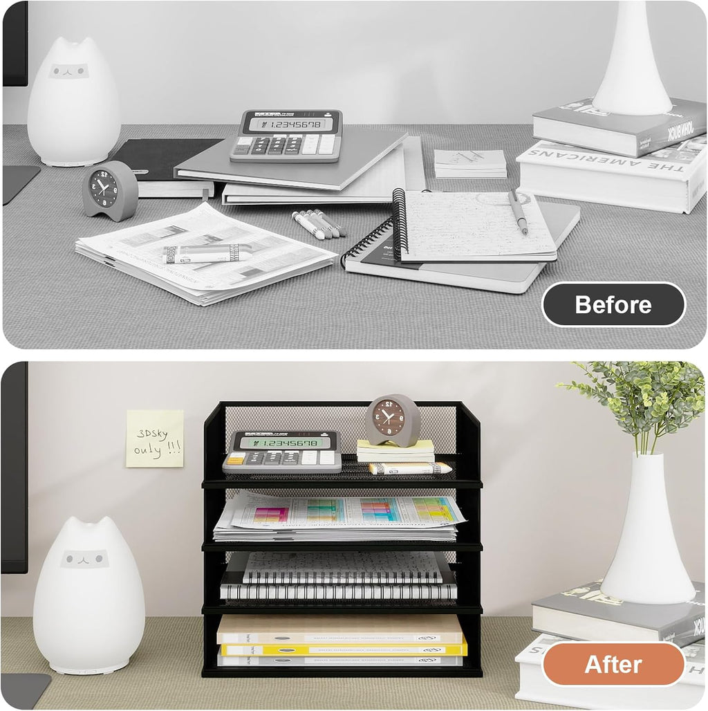 4-Tier Stackable Metal Mesh Letter Paper Tray Organizer,Black