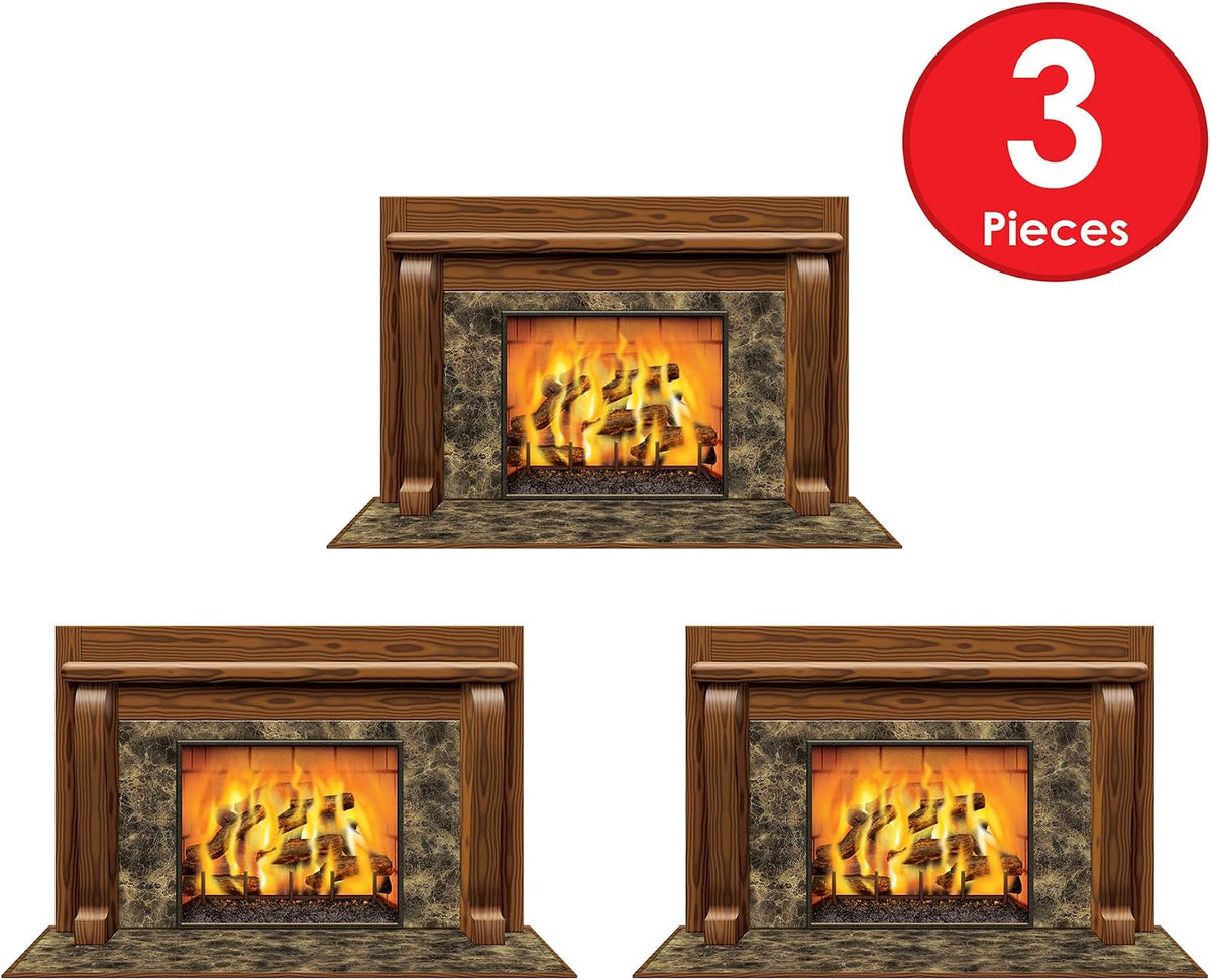Beistle Fireplace Insta-Views – 3-Pack Wall Scenes with Realistic Burning Fire Image Printed on Thin Clear Plastic, Cozy Hearth Look for Christmas Holiday or Winter Parties, 3' 2" x 5' 2"