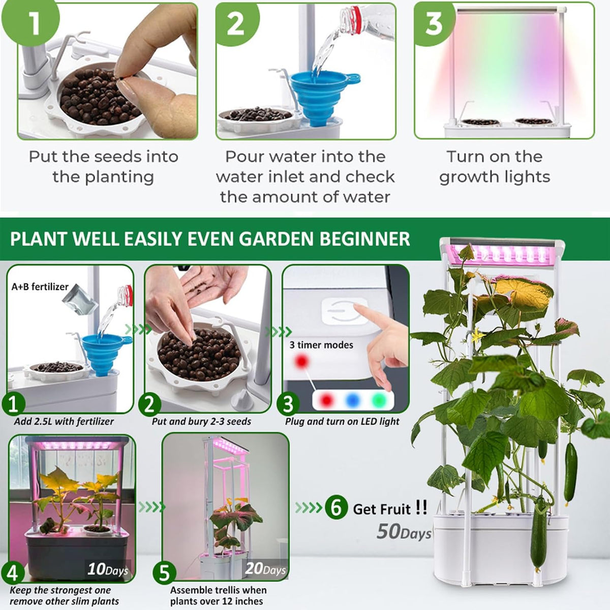 Tall Hydroponics Growing System kit with Height Adjustable Light & Trellis