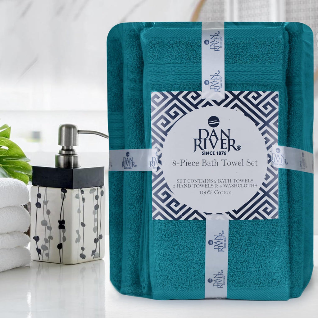 DAN RIVER 8 Piece Luxury Bath Towels for Bathroom, Towel Set, Teal