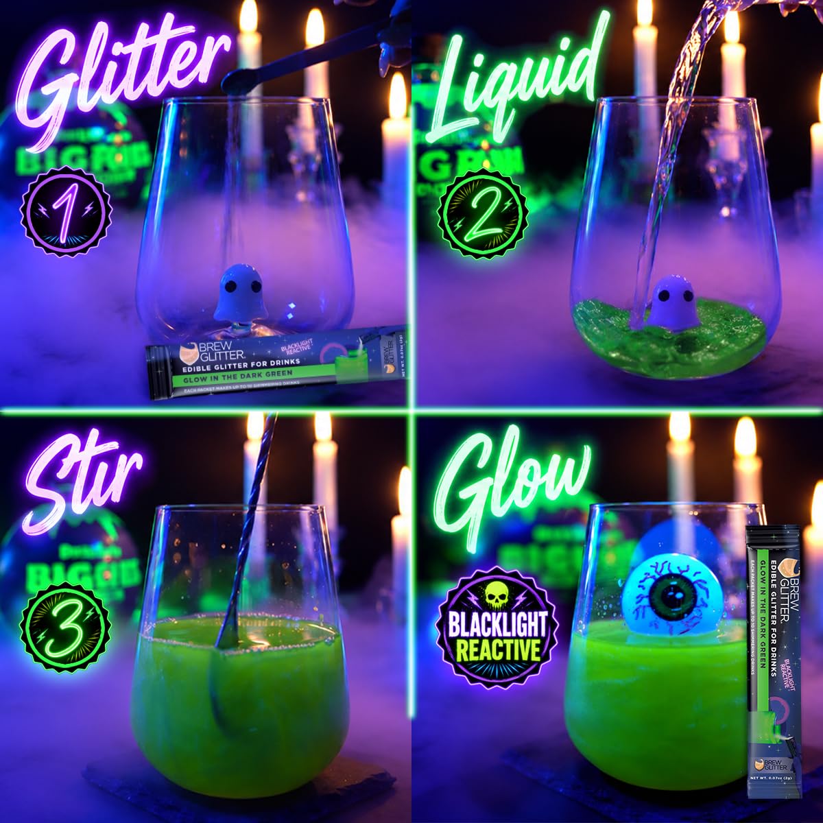 Blacklight Reactive Edible Glitter for Drinks, Variety Pack, Glowing Green, Yellow, Orange & Pink, 4 Pack