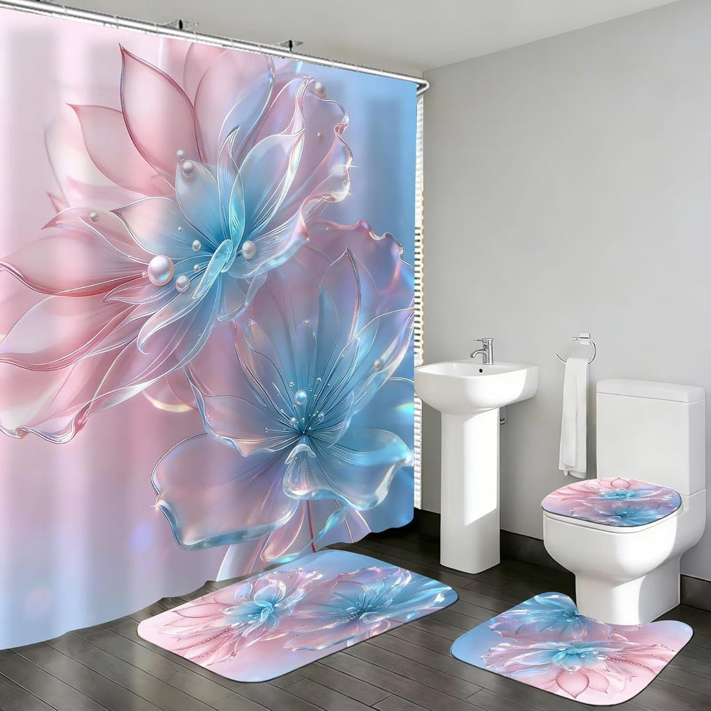 DDQQ 4 Pcs Floral Bathroom Sets with Shower Curtain and Rugs, Pink and Purple Lotus Bathroom Decor Set, Pearl Shower Curtain Set with 12 Hooks