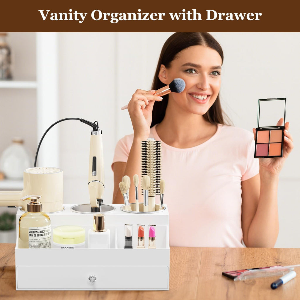 Hot Hair Styling Tool Organizer with Drawer & 3 Cooling Cups, White