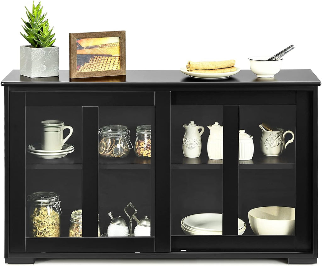 Byroce Sideboard Buffet Cabinet, Stackable Storage Coffee Bar Cabinet with Adjustable Shelf & Glass Sliding Doors, Wood Cupboard Credenza Console Table for Kitchen Dining Living Room (1, Black)