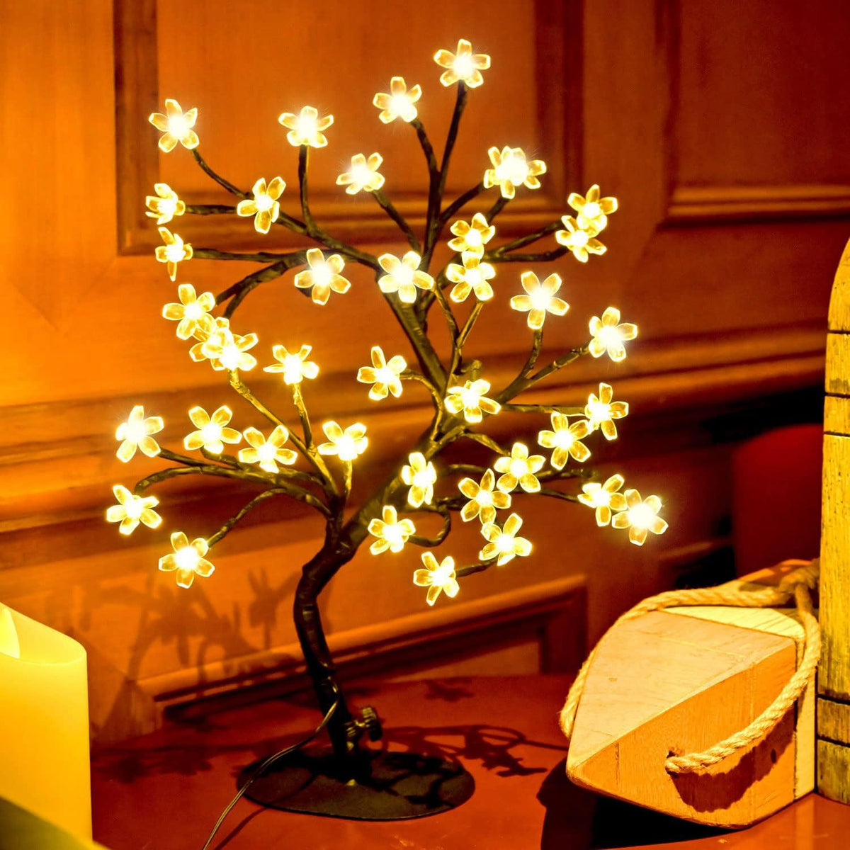 Cherry Blossom Tree Light,17inch 40LED Lighted Tabletop Artificial Flower Bonsai Tree Lamp USB Powered Gifts for Home Decor Room Office Party Wedding Christmas Decorations(Warm White)
