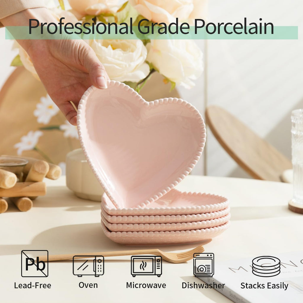 6.3 Inch Ceramic Pink Dessert Plates, Heart Shaped Appetizer Plate Set, 10P