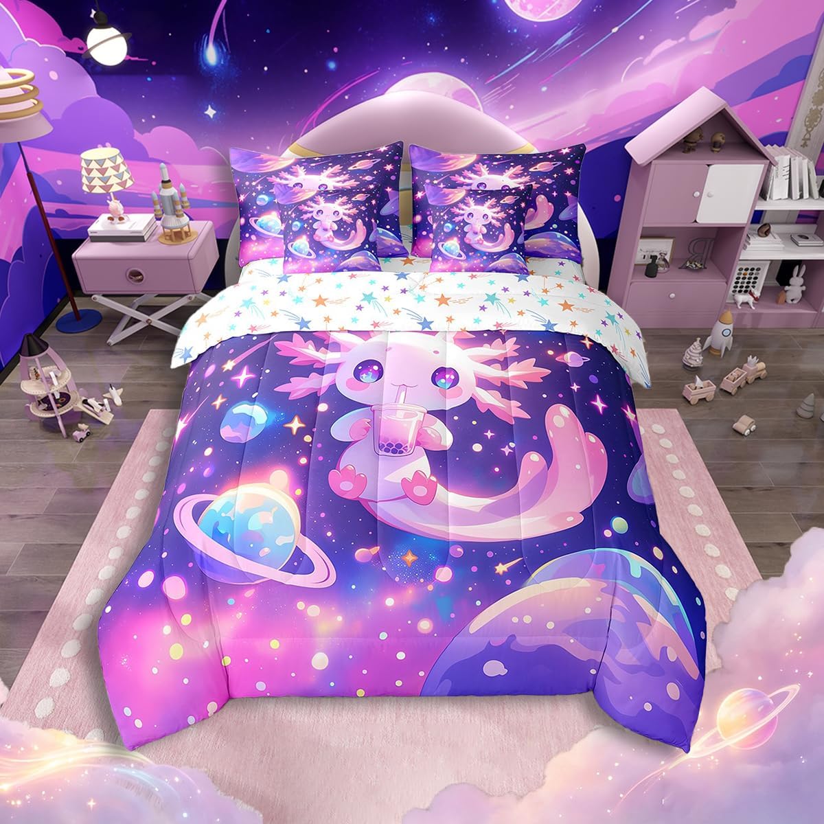 Feelyou Kids Cute Axolotl Comforter Set with Sheets Twin Size, Galaxy Planet Space 7 Pieces Bedding Set Boys Girls Cartoon Animal Bed in A Bag Dreamy Starry Teens Bed Set Bedroom Decor 7Pcs