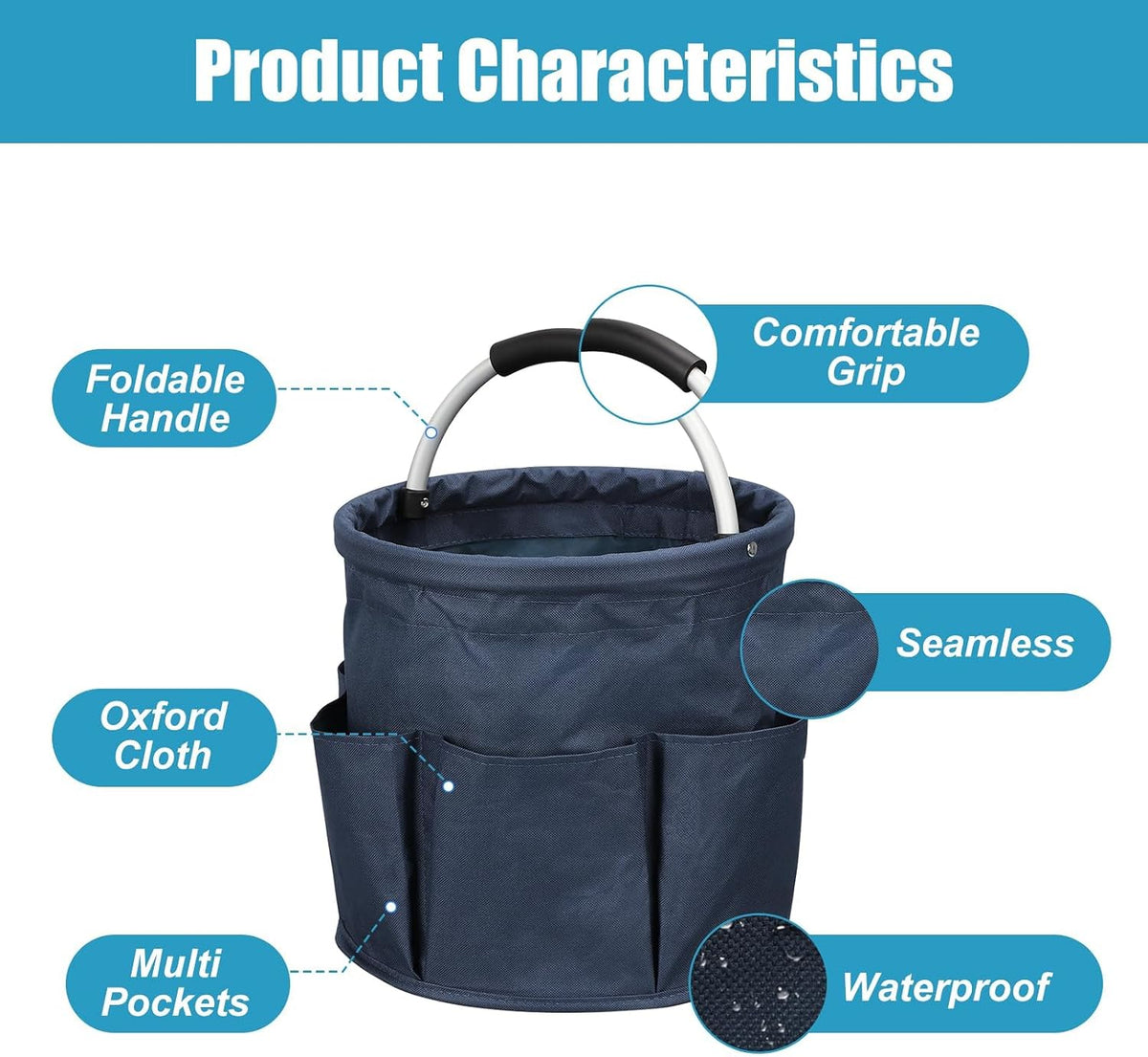 17L Foldable Cleaning Caddy with Handle - Portable Duty Tool Bag Cleaning Supply Organizer, Multi-Compartment Cleaning Bucket Storage Basket for Home Kitchen Bathroom (Blue)