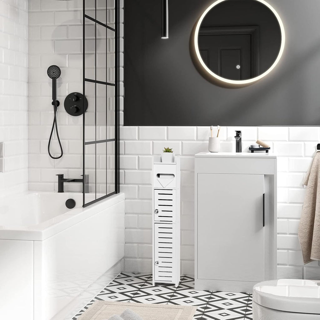 TuoxinEM Storage Cabinet for Small Spaces, Over The Toilet Cabinet for Skinny Bathroom Storage Corner Floor, Slim Paper Holder with 2 Doors & Shelves (White)